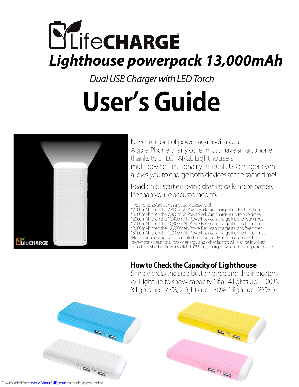 lifeCharge Lighthouse powerpack 13, 000mAh User Manual