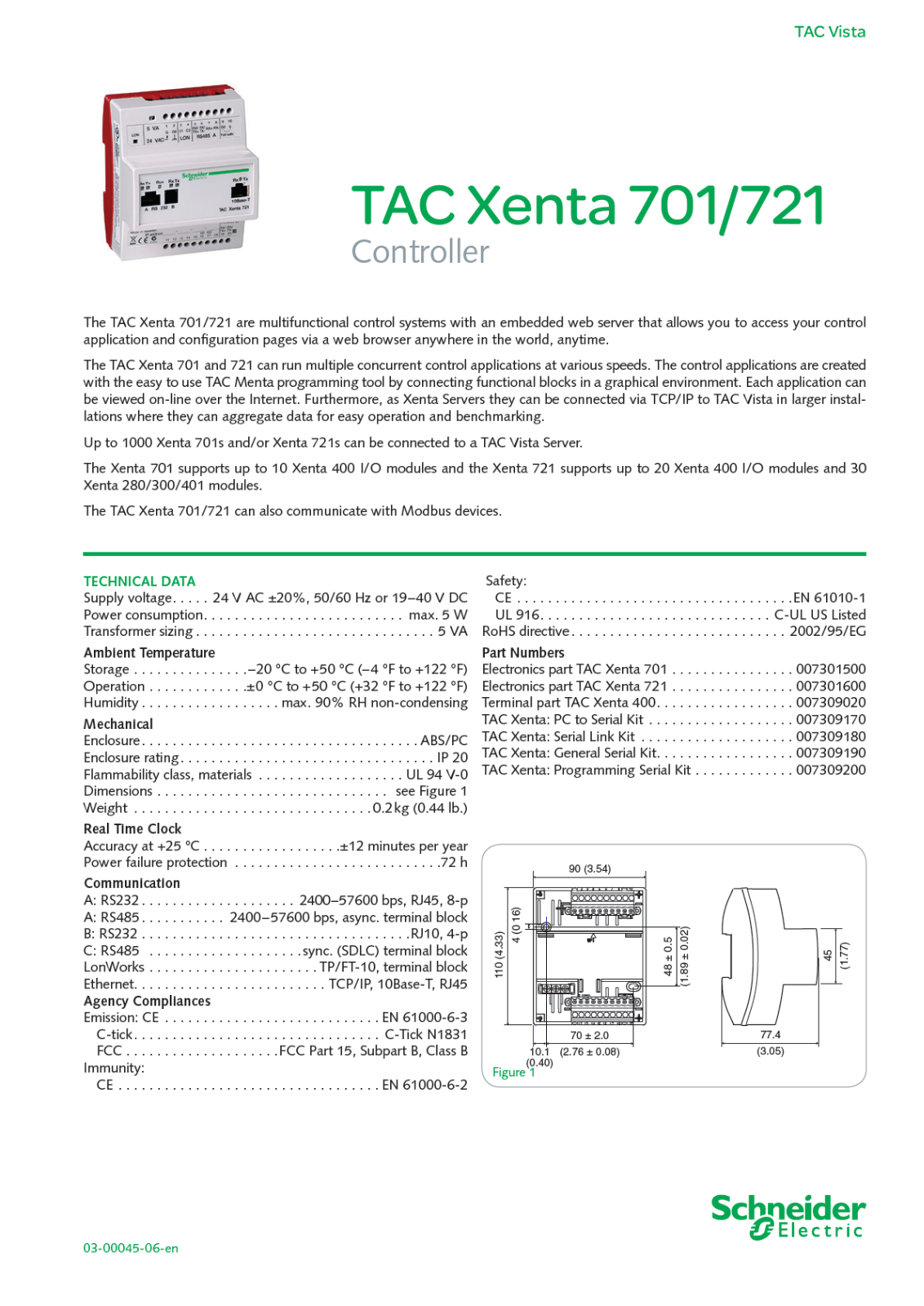 Schneider Electric TAC Xenta 701, TAC Xenta 721 Data Sheet