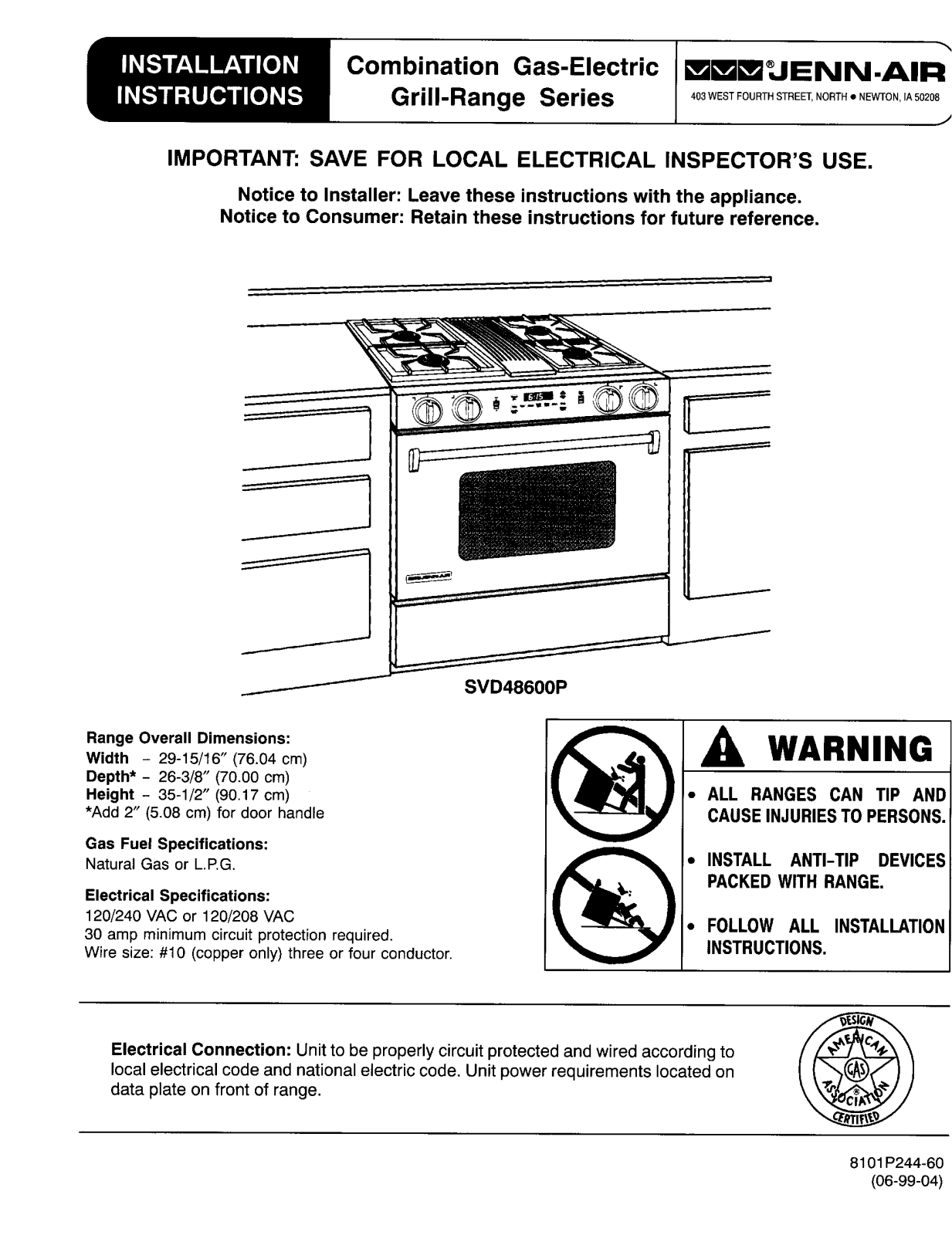 Jenn-Air SVD48600PG, SVD48600PF, SVD48600PC, SVD48600P, SVD48600PT Installation Instructions