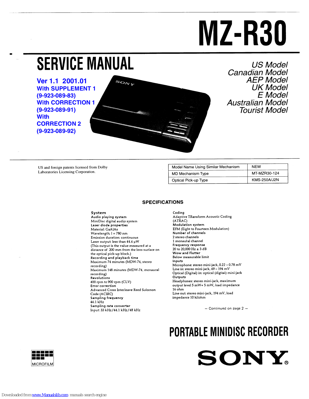 Sony MZ-R30 - MD Walkman MiniDisc Recorder,MZ-R30 Service Manual