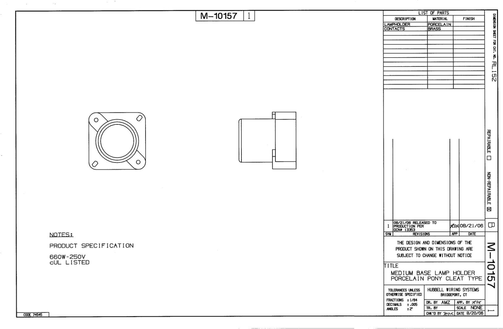 Hubbell RL152 Reference Drawing