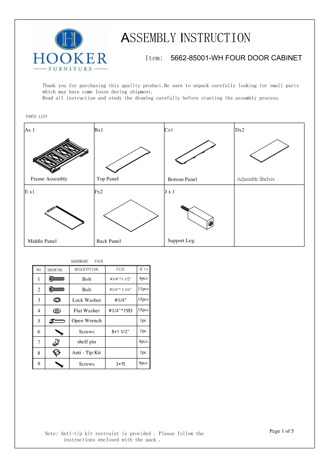 Hooker Furniture 566285001WH Assembly Guide