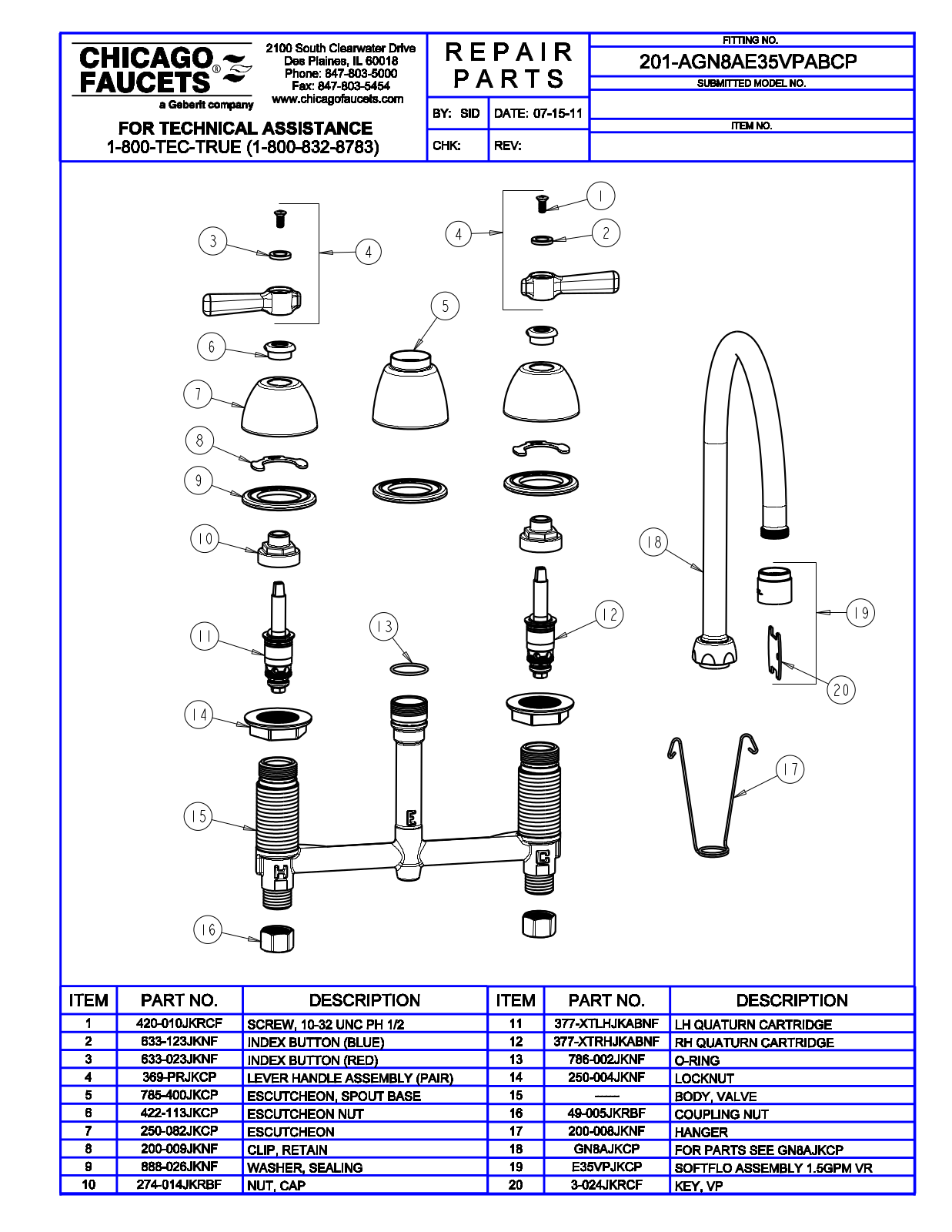 Chicago Faucet 201-AGN8AE35VPAB Parts List