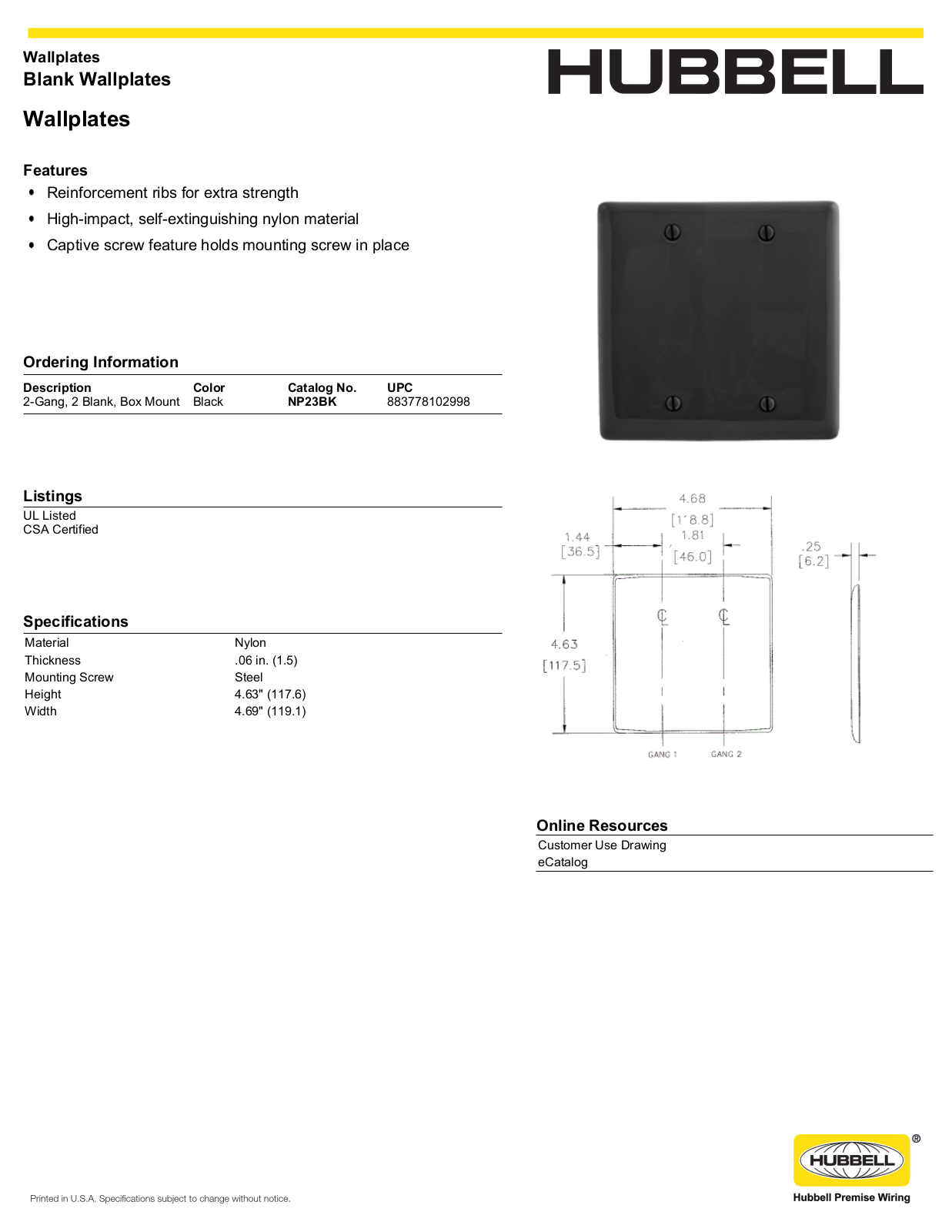 Hubbell NP23BK Specifications