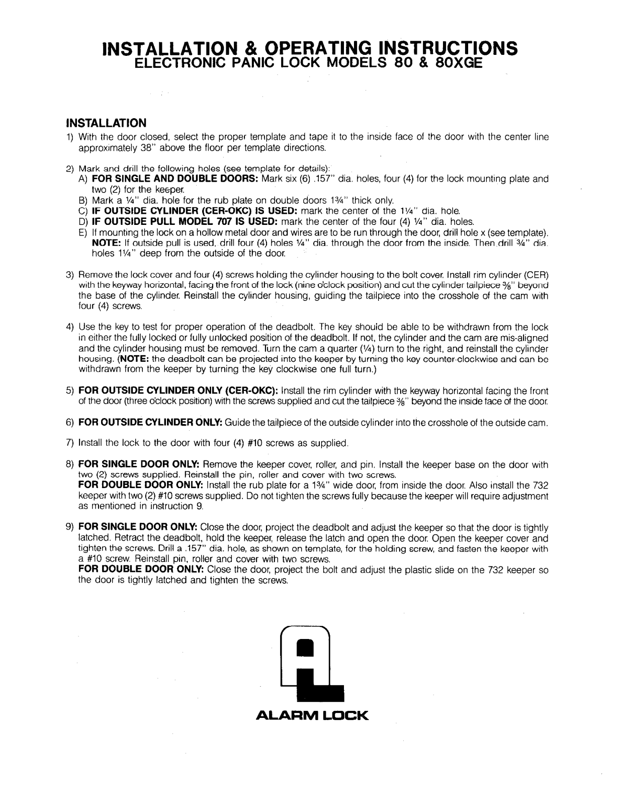 Alarm Lock 80XGE, 80 INSTALLATION AND OPERATION INSTRUCTIONS