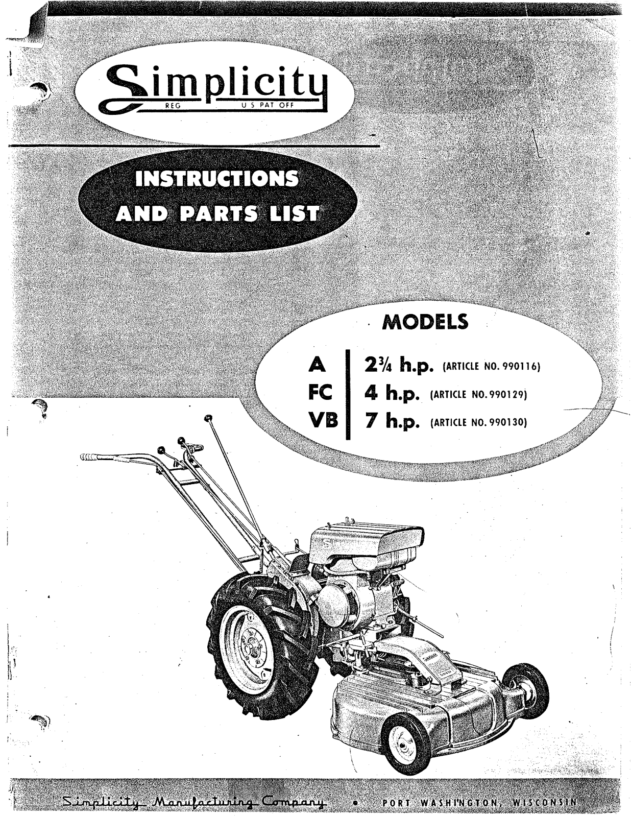 Simplicity A,VB,FC,990116,990129,990130 Owner's Manual