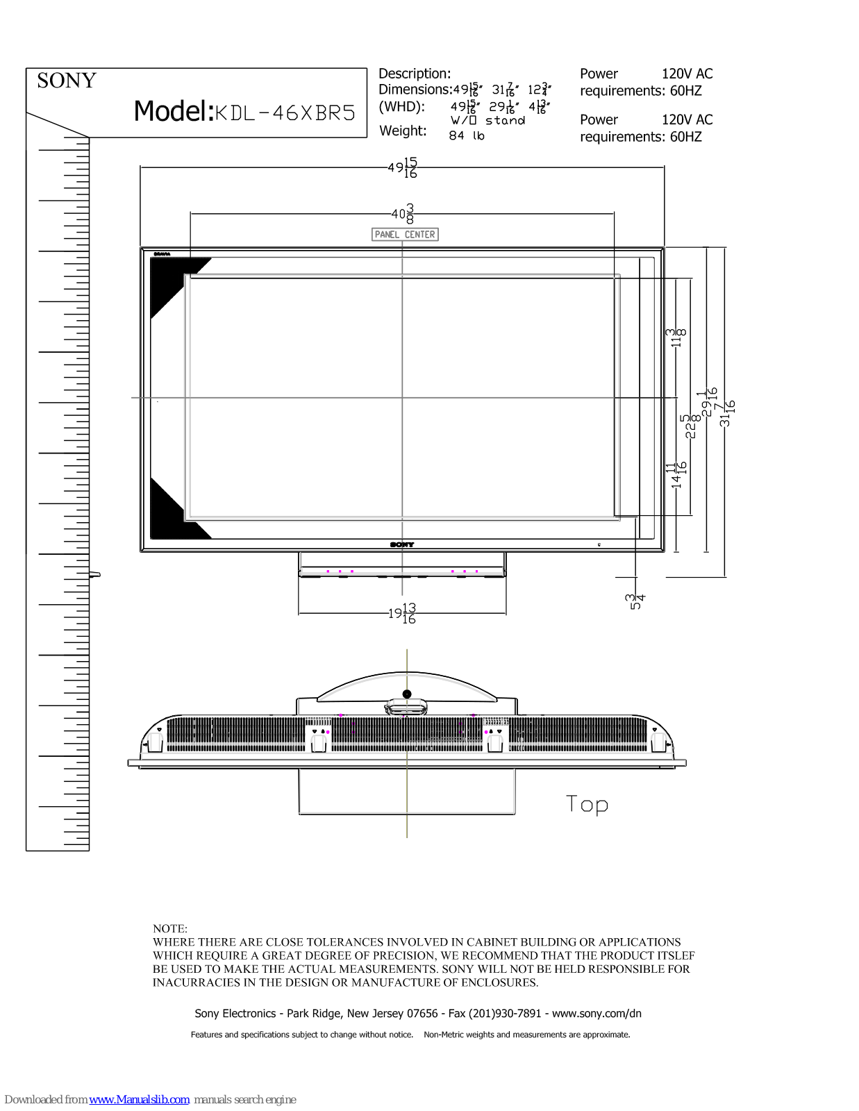 Sony BRAVIA KDL-46XBR5 Specifications