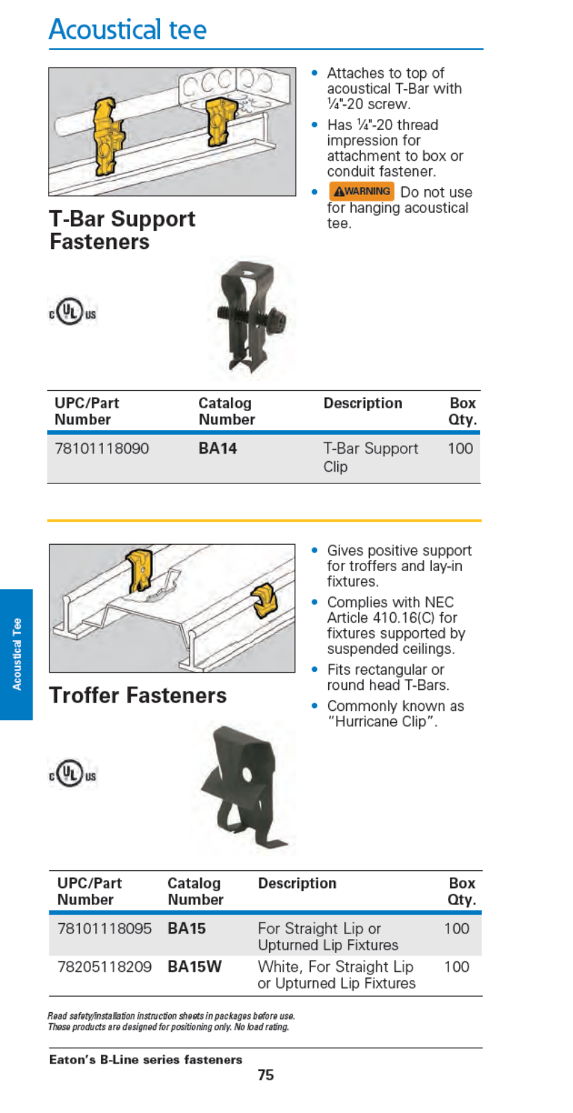 Cooper B-Line Acoustical tee Catalog Page