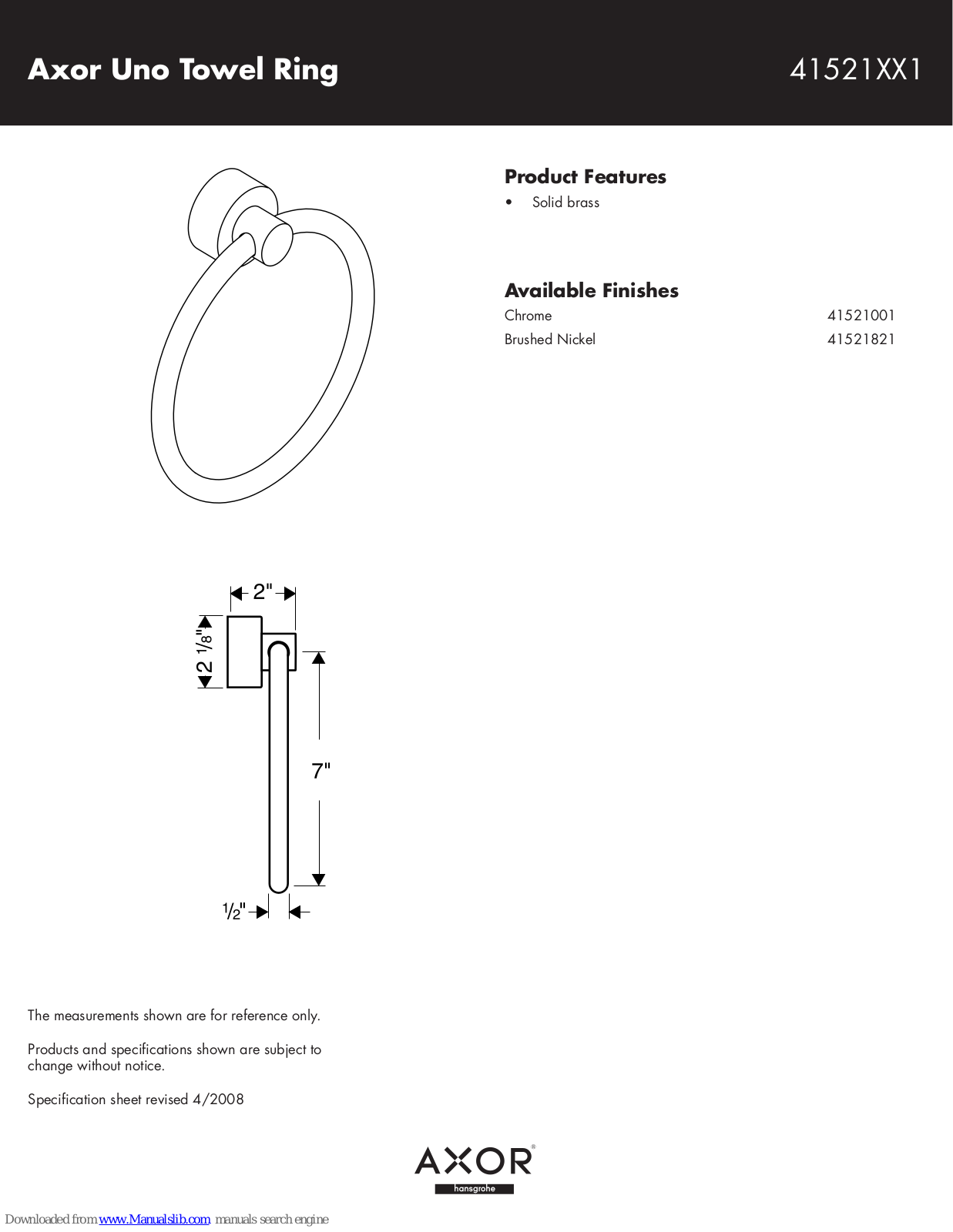 Axor 41521821, 41521001 Specification Sheet