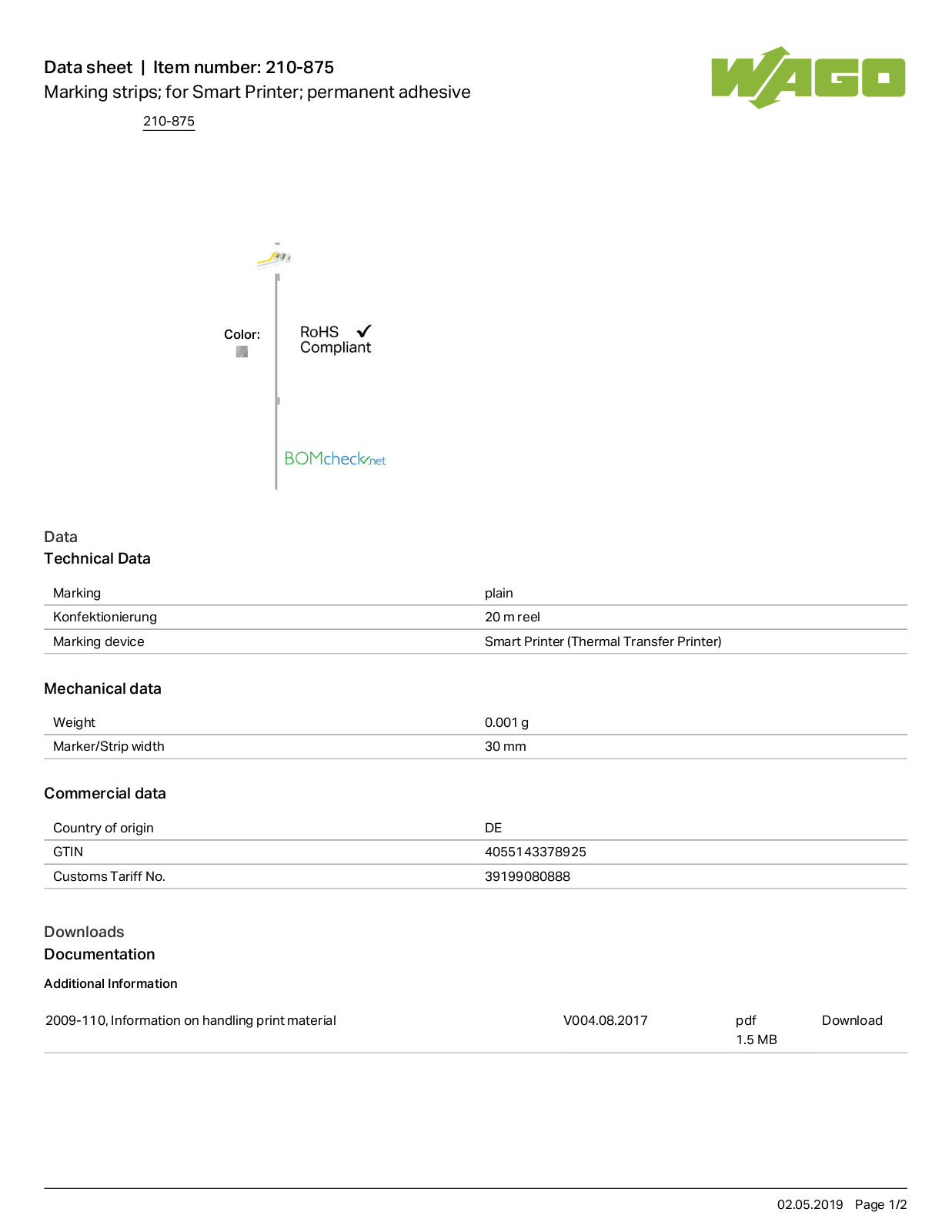 Wago 210-875 Data Sheet