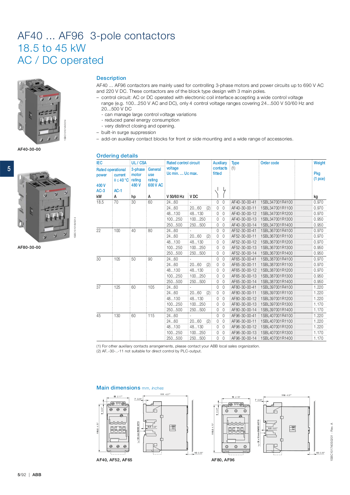 ABB AF40, AF52, AF65, AF80, AF96 Catalog Page