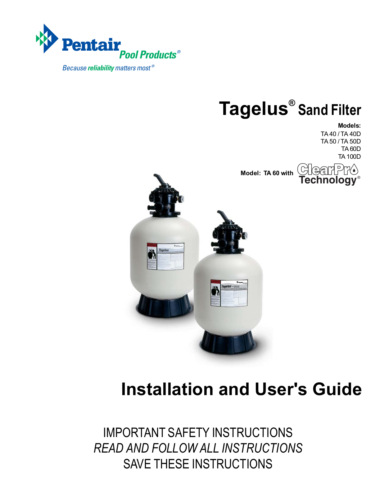 Sta-Rite TA 100D Installation  Manual