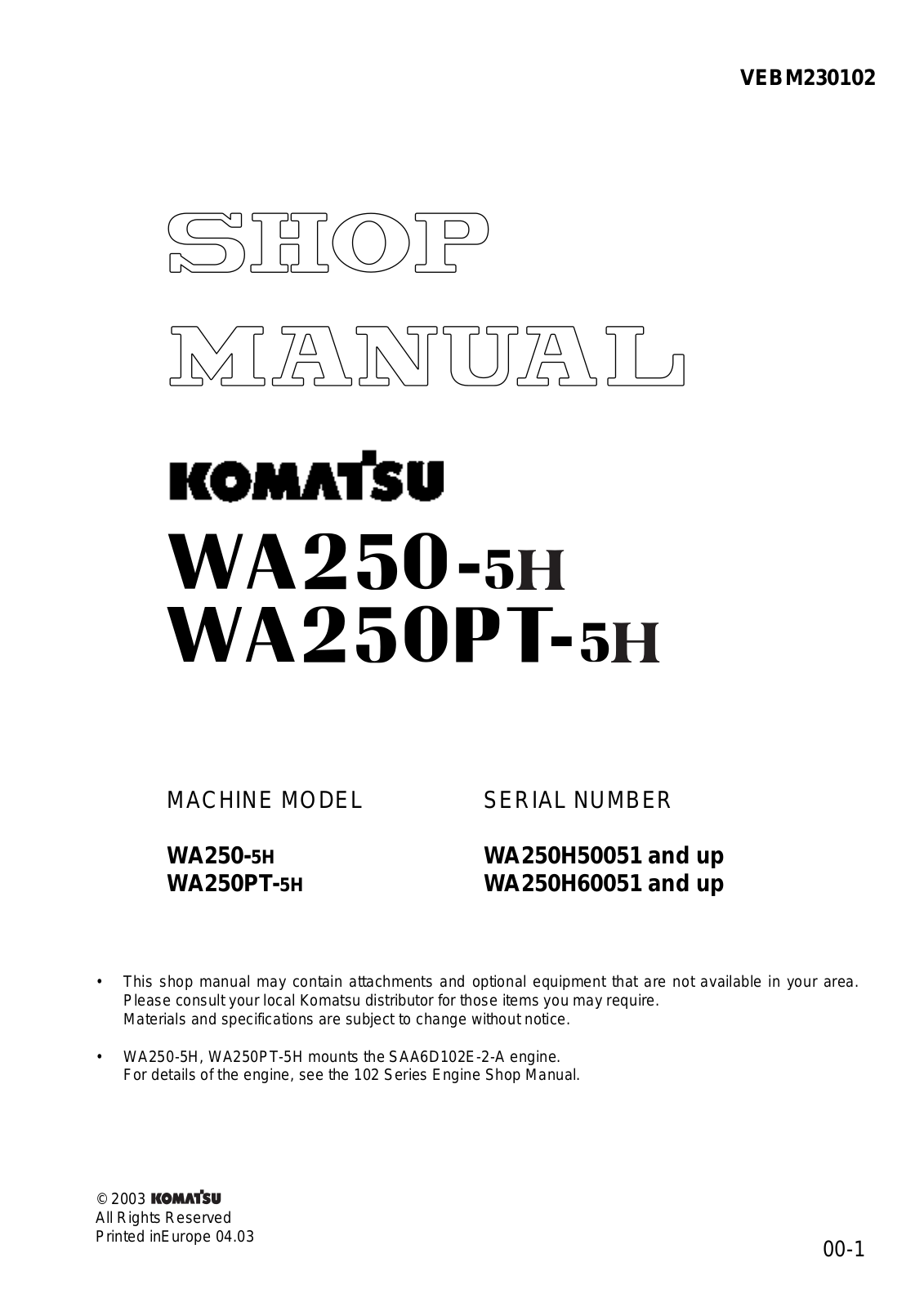 KOMATSU WA250-S SHOP MANUAL