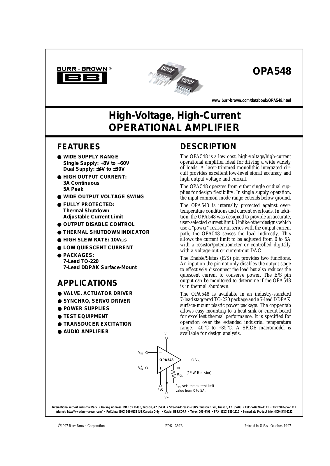 Burr Brown OPA548F, OPA548F-500, OPA548T Datasheet