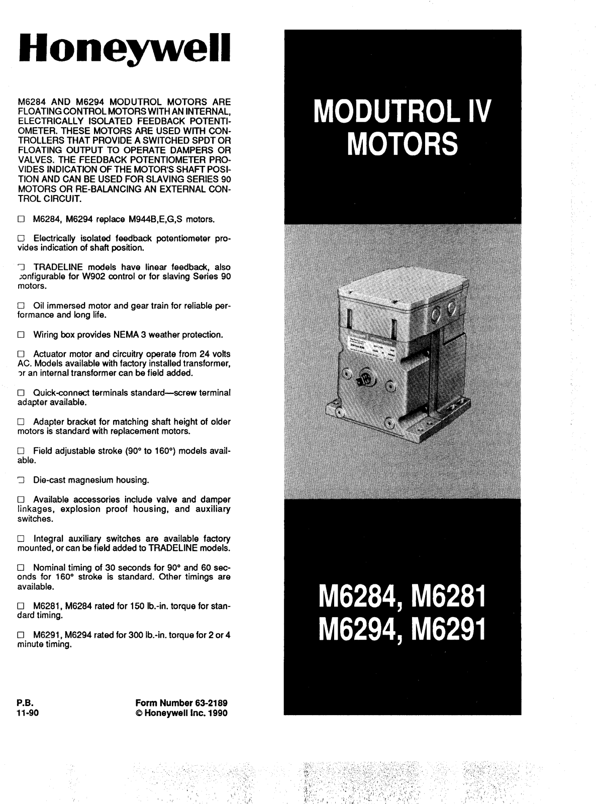 Honeywell M6284, M6281, M6294, M6291 Specifications