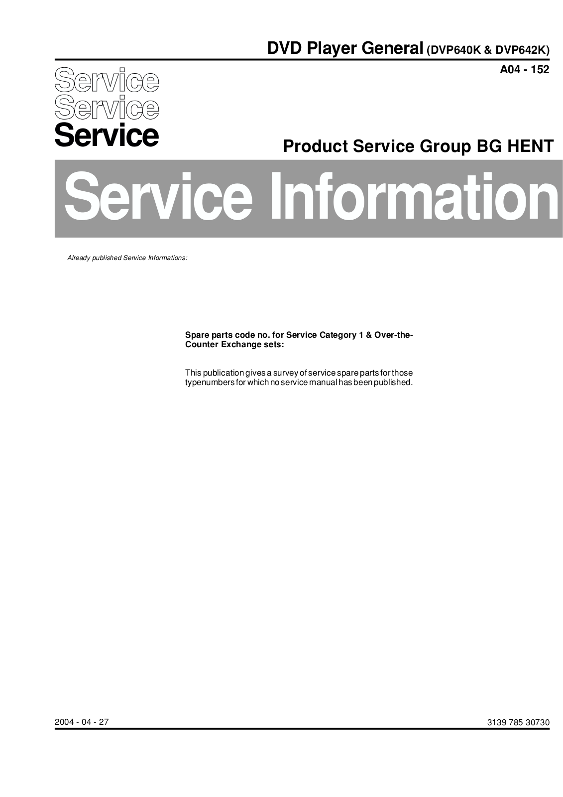 PHILIPS dvp642k Service information