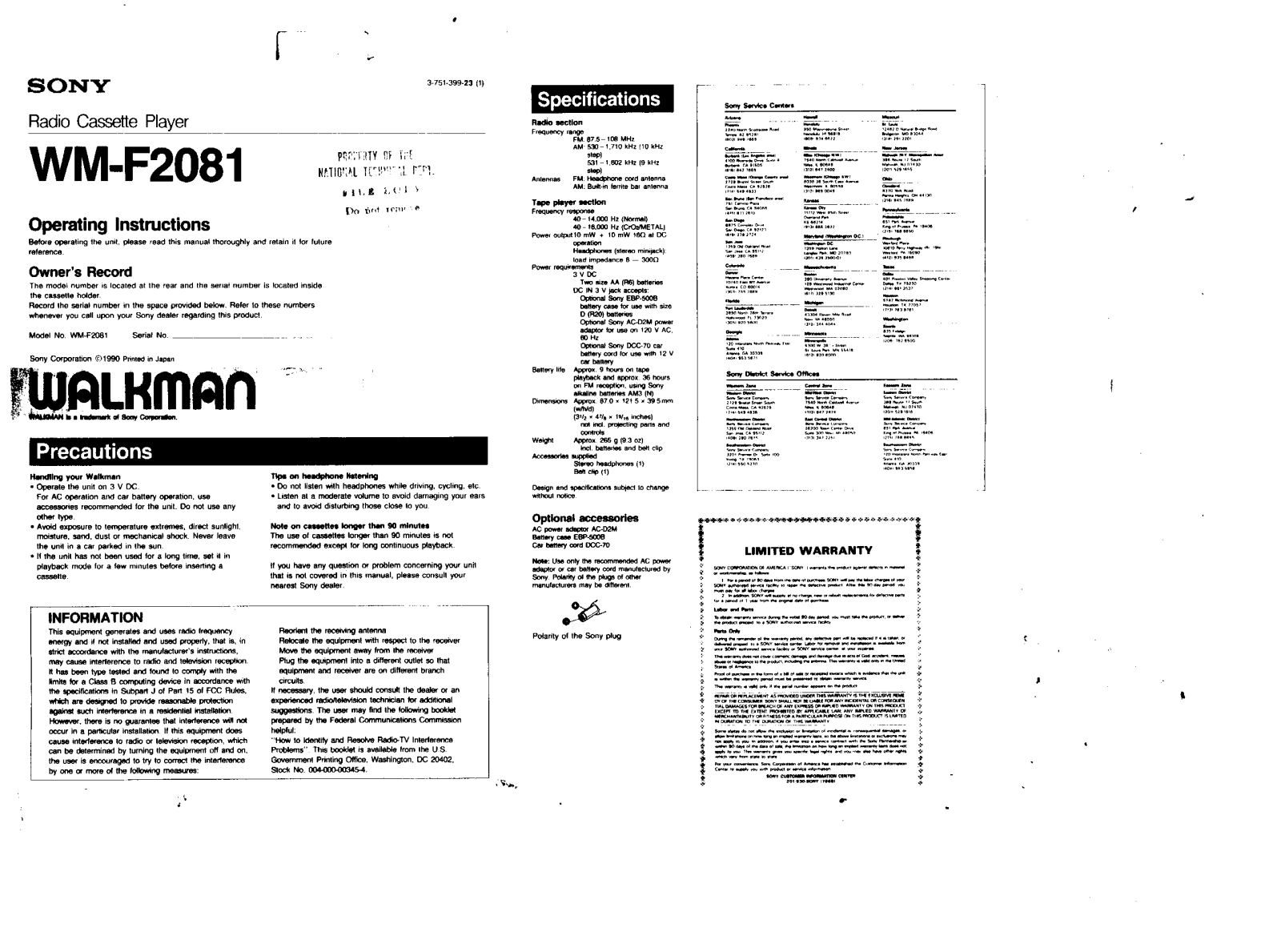 Sony WM-F2081 User Manual