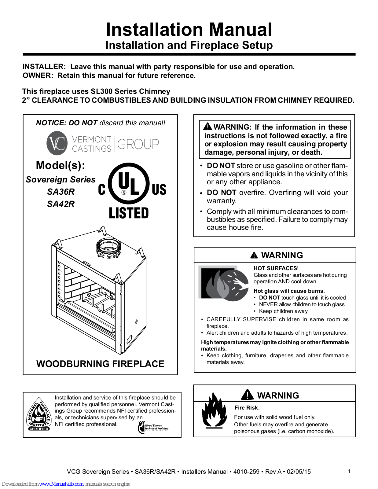 Vermont Castings Sovereign Series SA36R, Sovereign Series SA42R, SA42C, SA36C Installation Manual