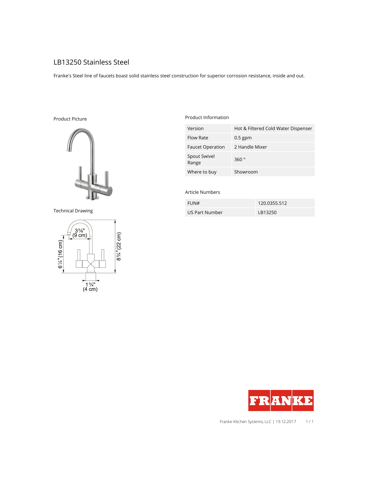 Franke LB13250 Specification Sheet