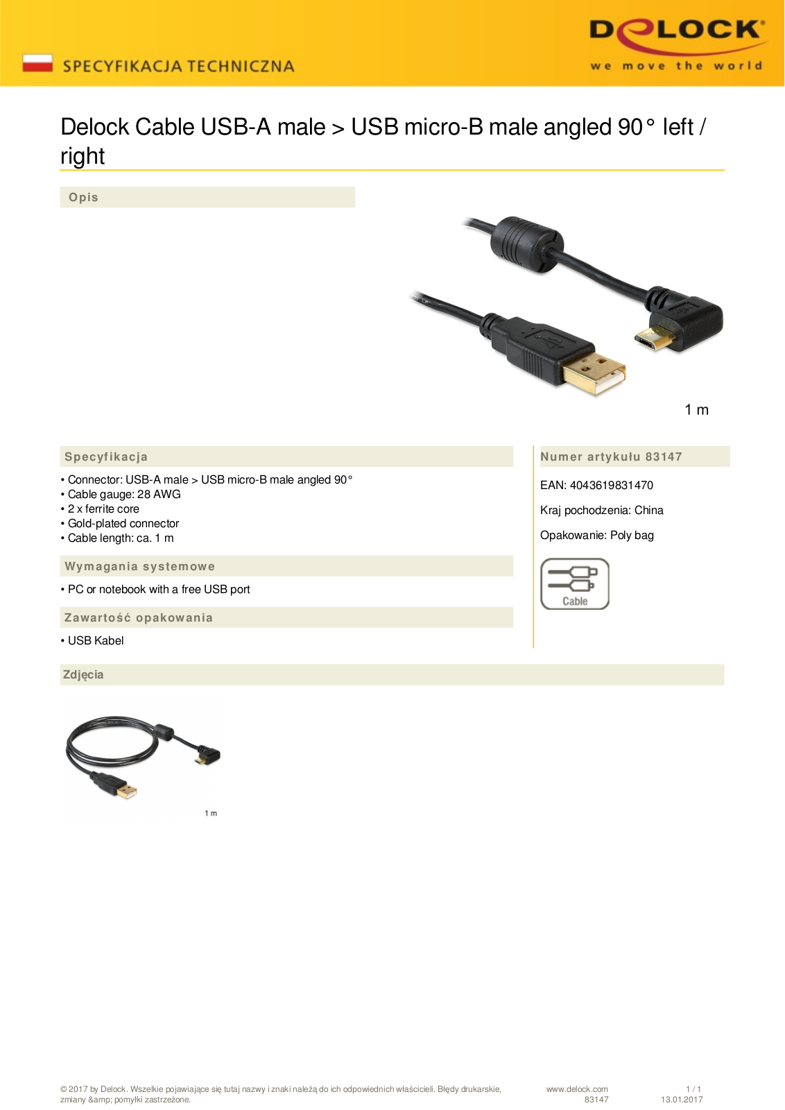 DeLOCK USB-A 2.0 to USB 2.0 micro-B adapter cable, 1m, angled 90 User Manual