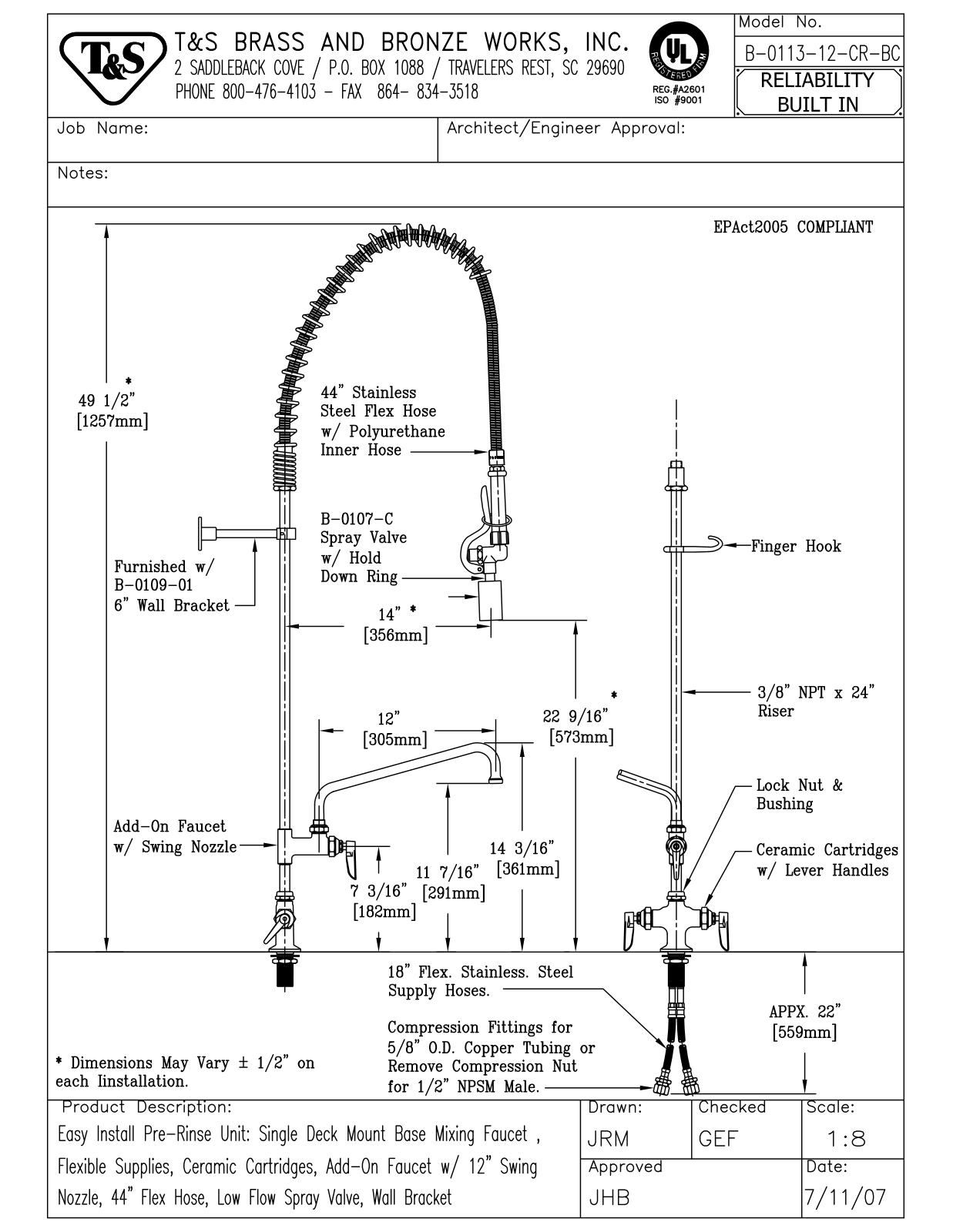 T&S Brass B-0113-12-CR-BC User Manual