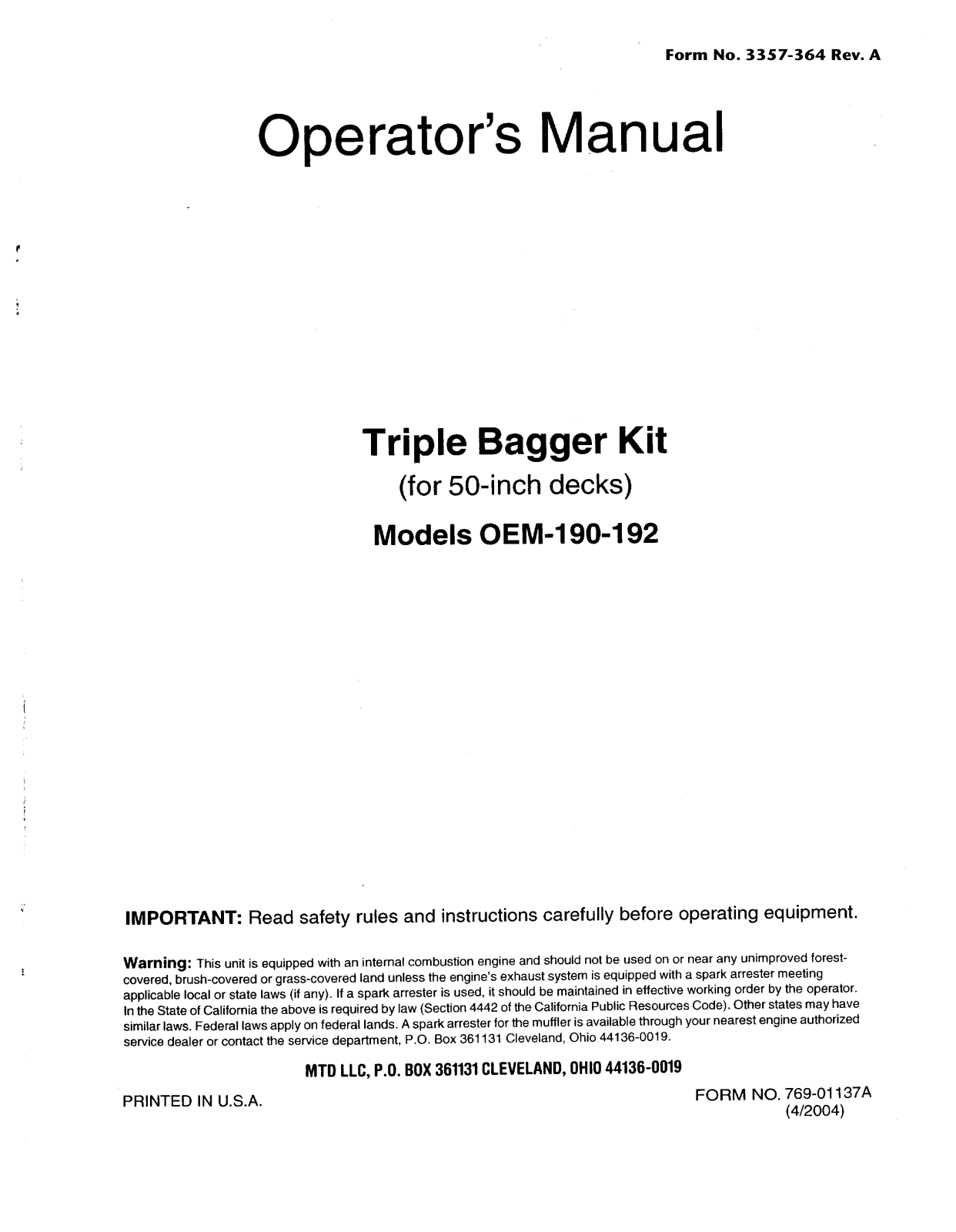 Toro OEM-190-192 Operator's Manual