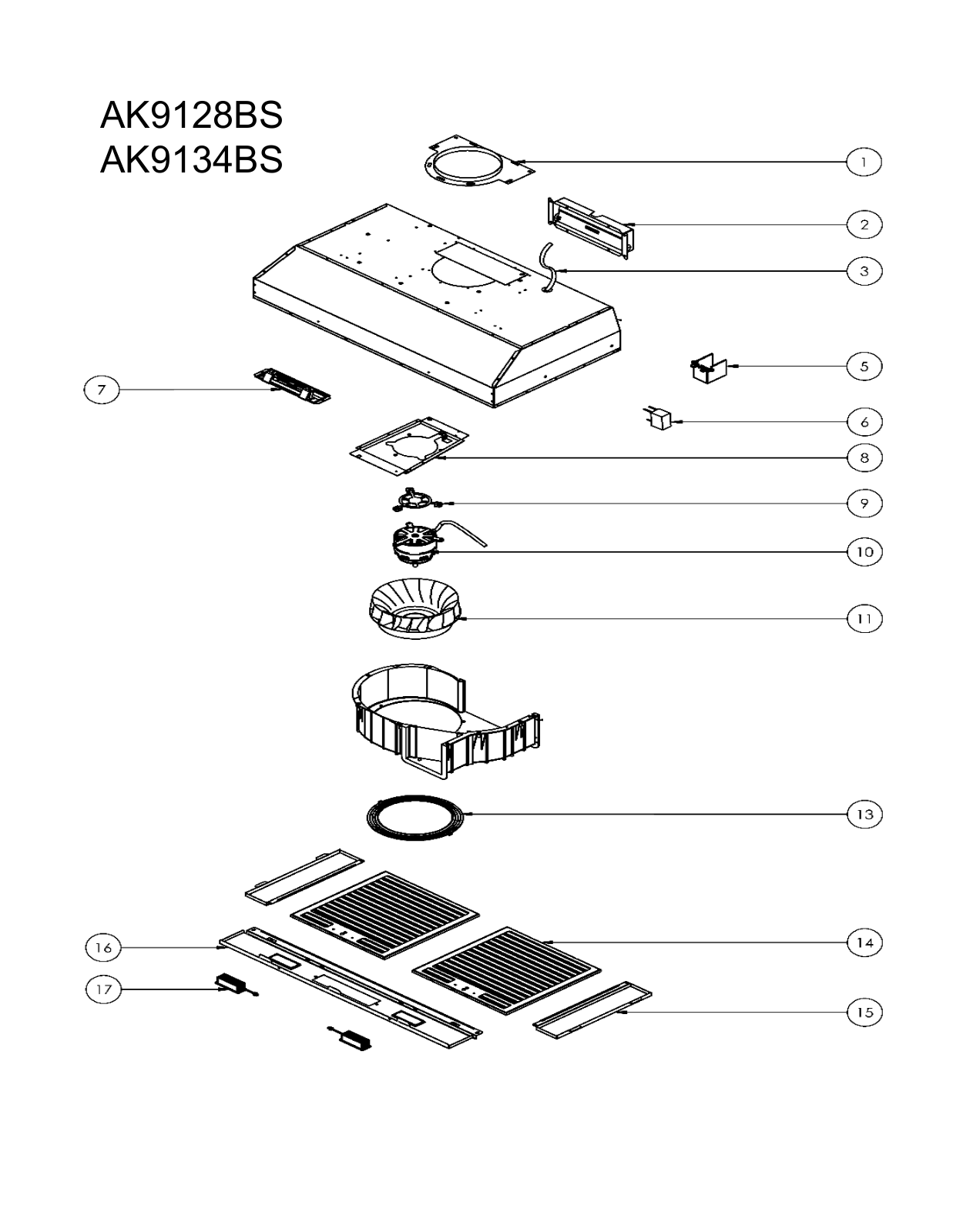 Zephyr AK9128BS, AK9134BS Exploded View Diagram