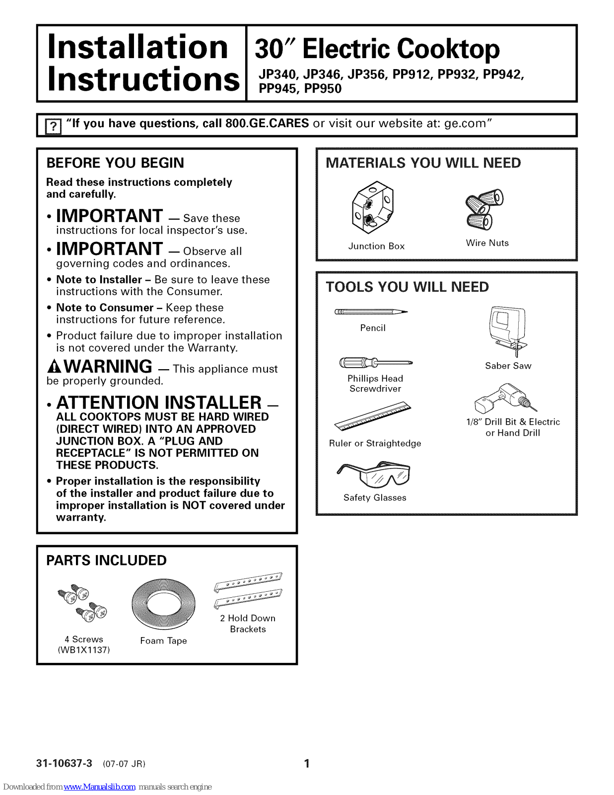 GE JP350, JP930, JP931, JP938, JP939 Installation Instructions Manual - ManualMachine.com