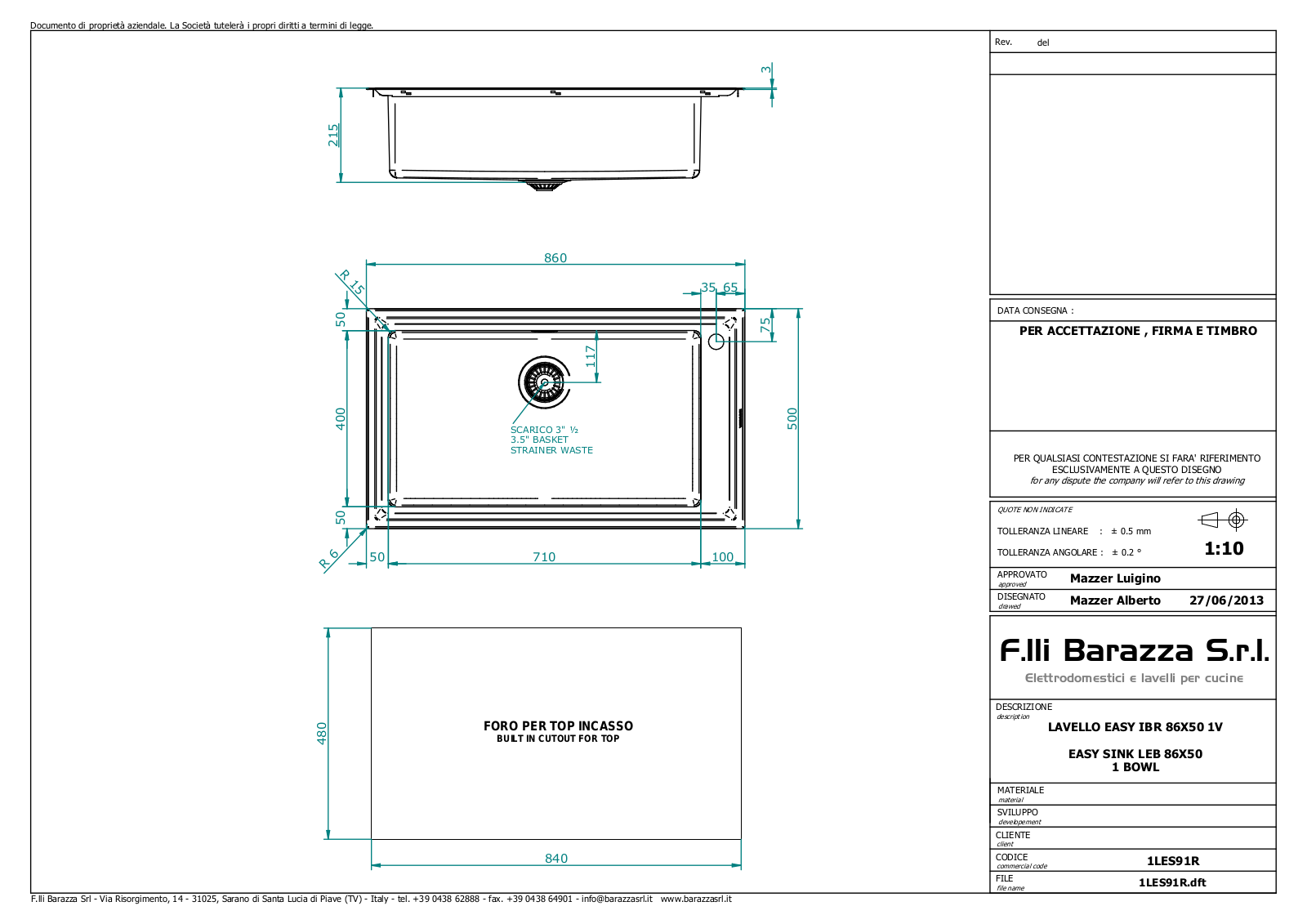 Barazza EASY1, EASY100R, EASY100L Specifications Sheet