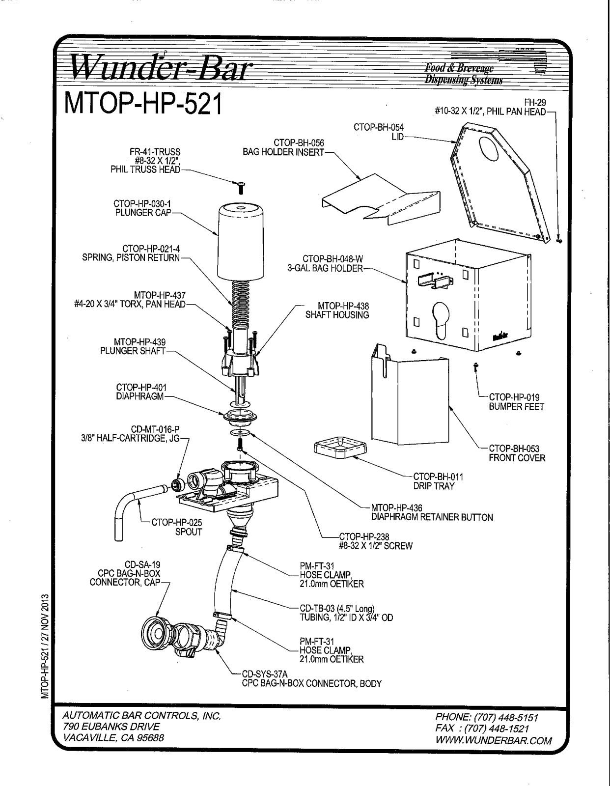 Wunder Bar MTOP-HP-521 Parts List