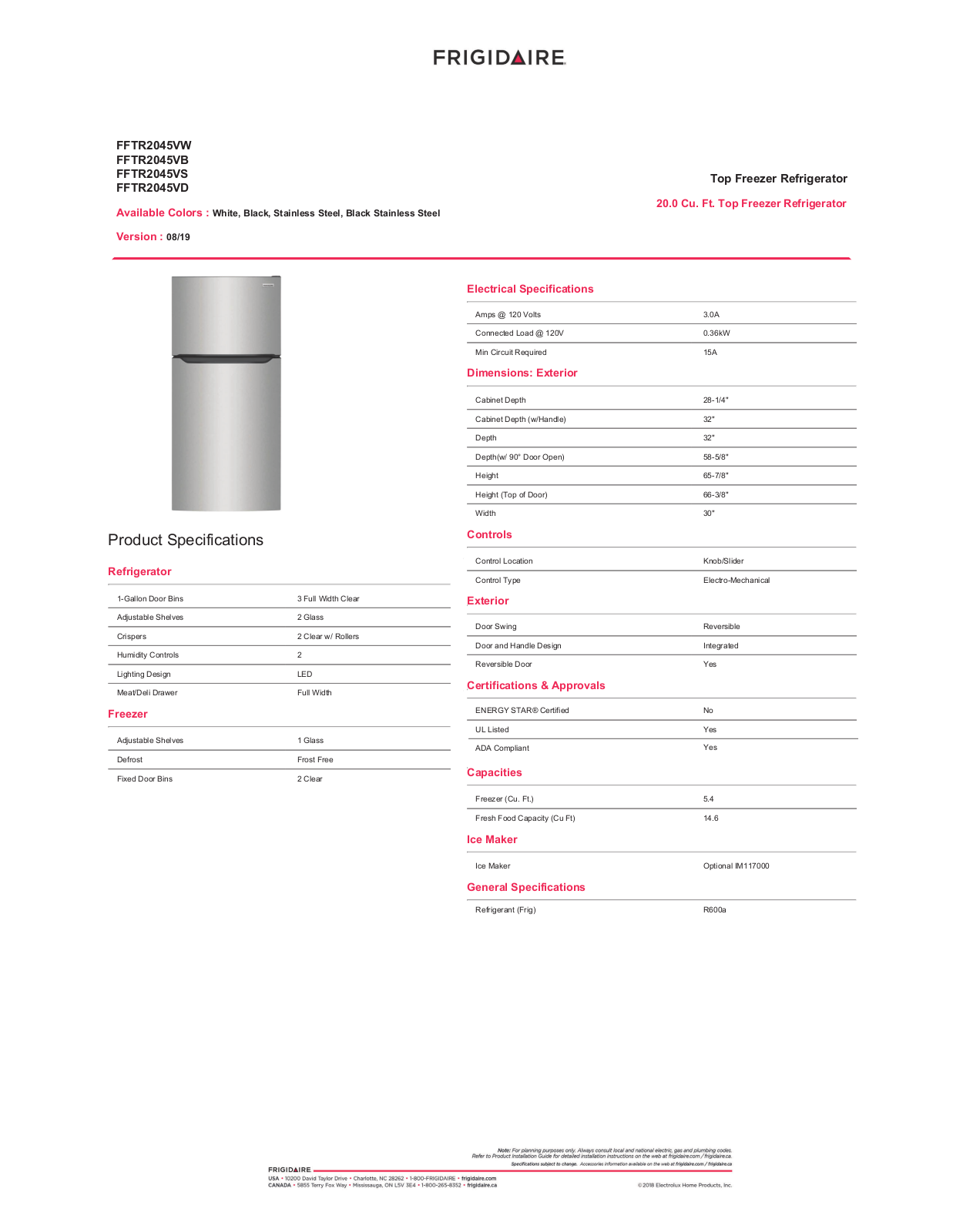 Frigidaire FFTR2045VS, FFTR2045VD, FFTR2045VW PRODUCT SPECIFICATIONS