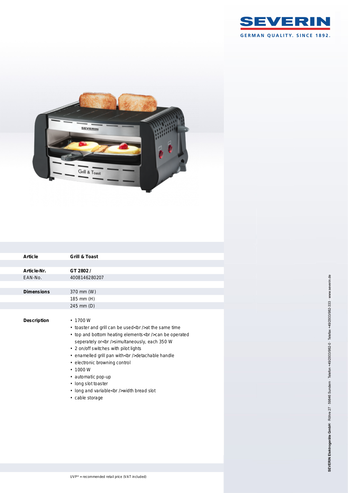 Severin GT 2802, GRILL AND TOAST User Manual