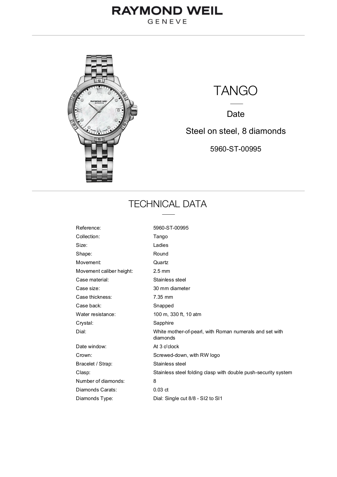 Raymond Weil 5960-ST-00995 Specification Sheet