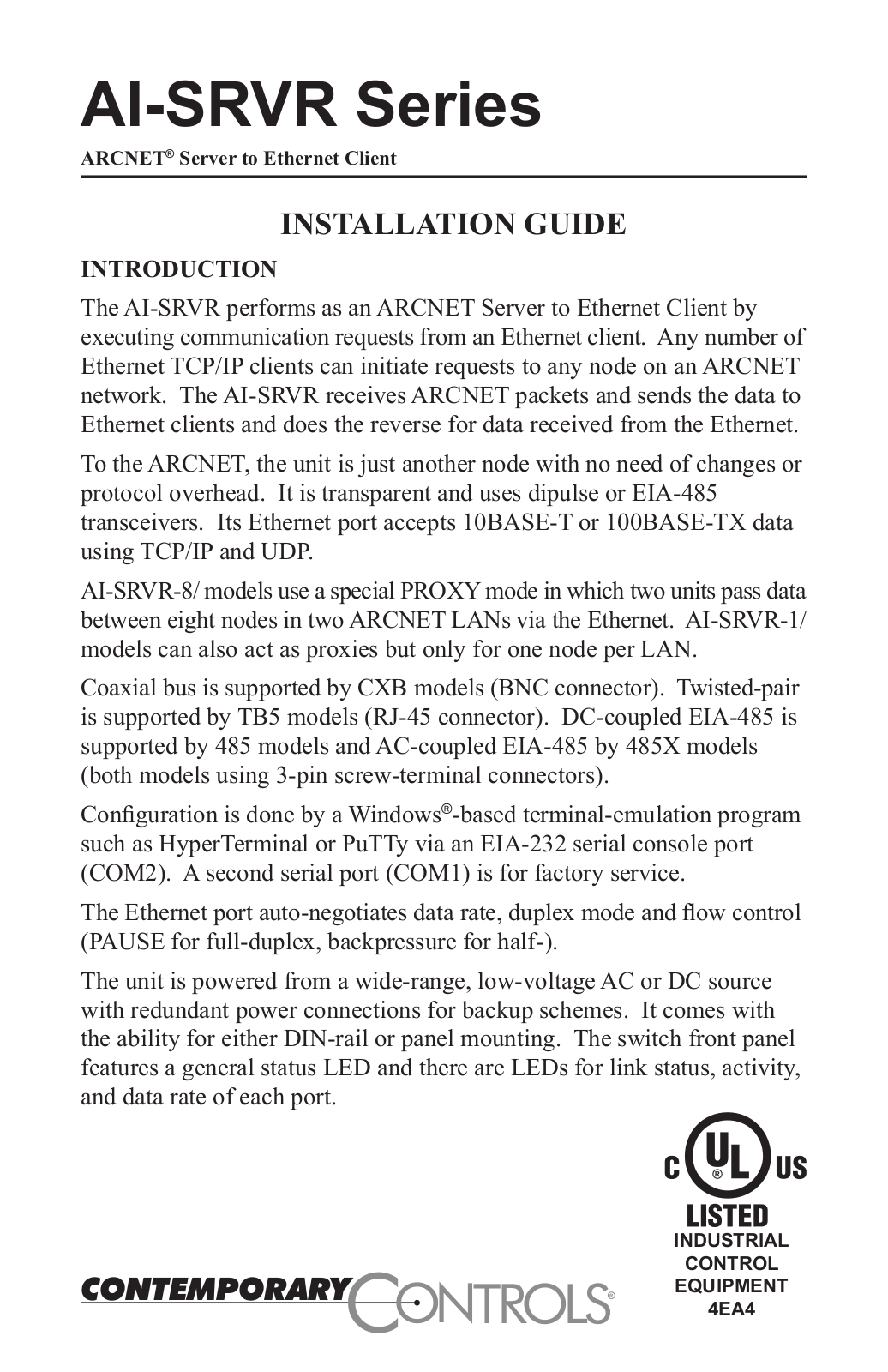 Contemporary Control Systems AI-SRVR User Manual