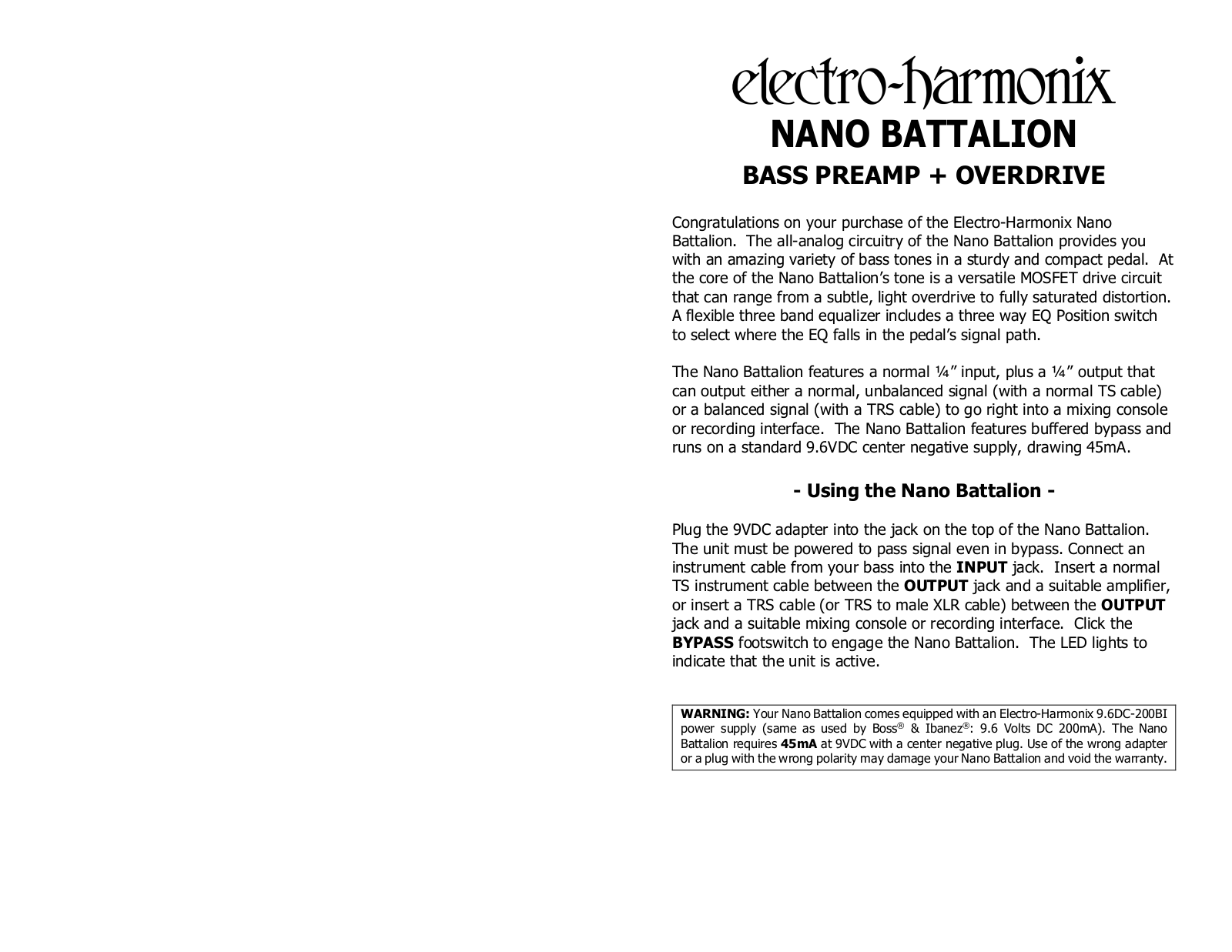 Electro-Harmonix Nano Batallion Instructions