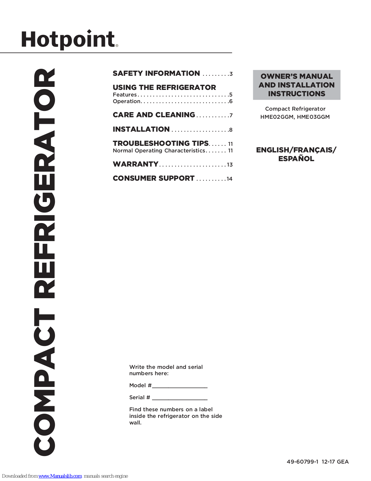 Hotpoint HME02GGM, HME03GGM Owner's Manual And Installation Instructions