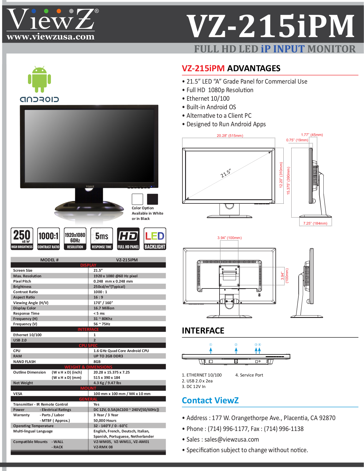 ViewZ VZ-215iPM-B, VZ-215iPM-W Specsheet