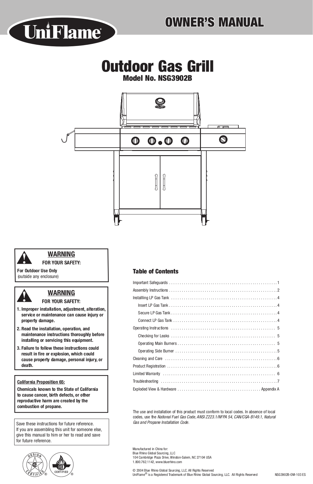 Uniflame Nsg3902b Owner's Manual