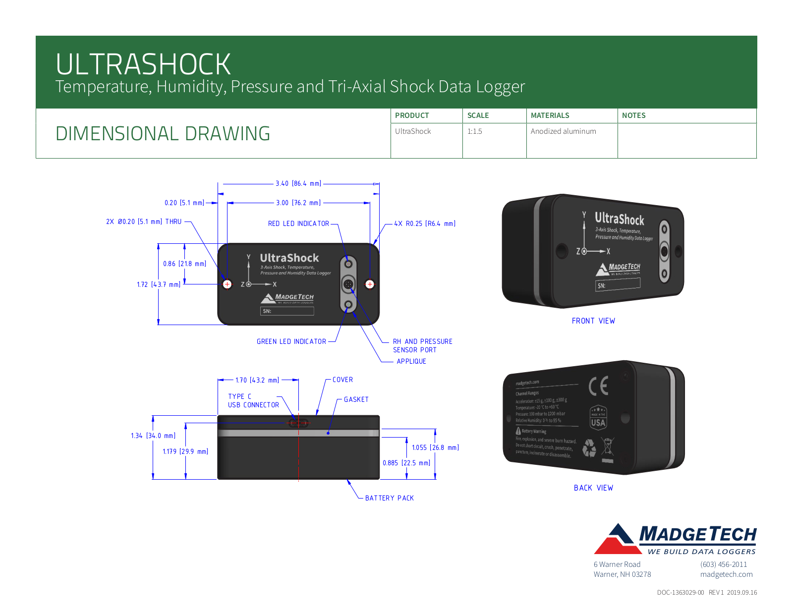 MadgeTech UltraShock Dimensional Drawing