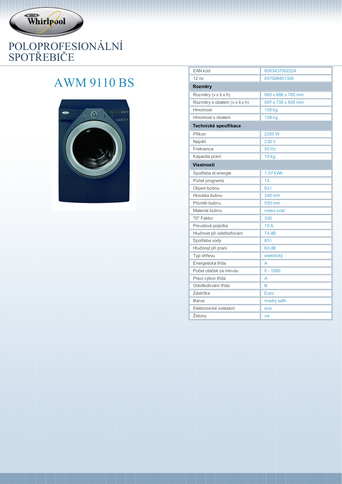 Whirlpool Performance AWM 9110 BS User Manual