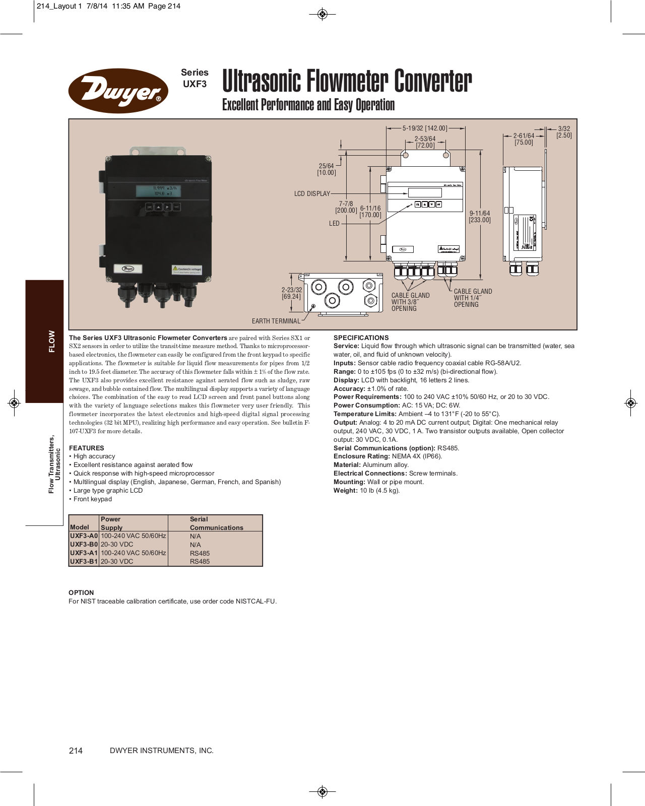 Dwyer Instruments SERIES UXF3 Catalog Page