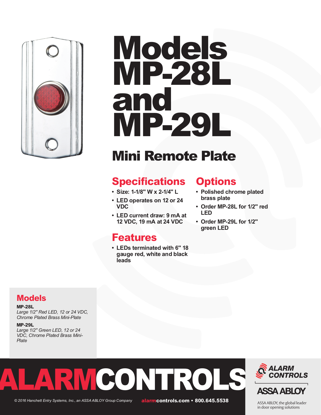 Alarm Controls MP-29L, MP-28L Specsheet