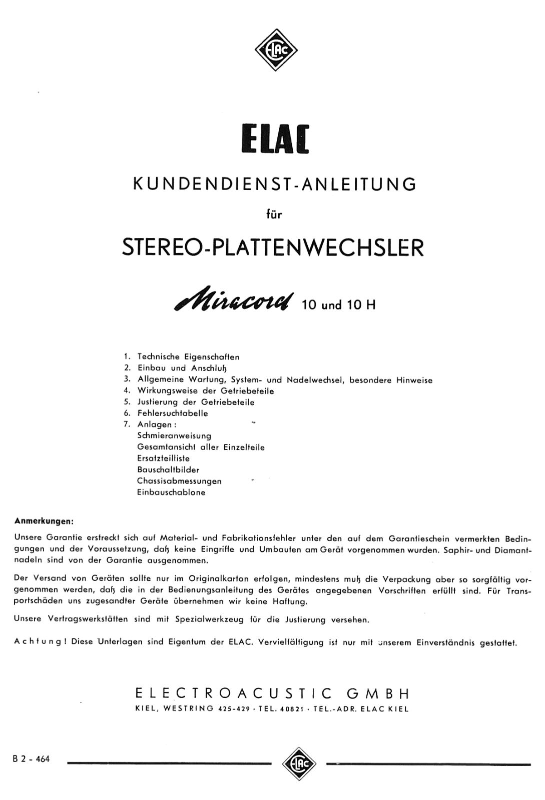 Elac Miracord 10, Miracord 10-H Service manual