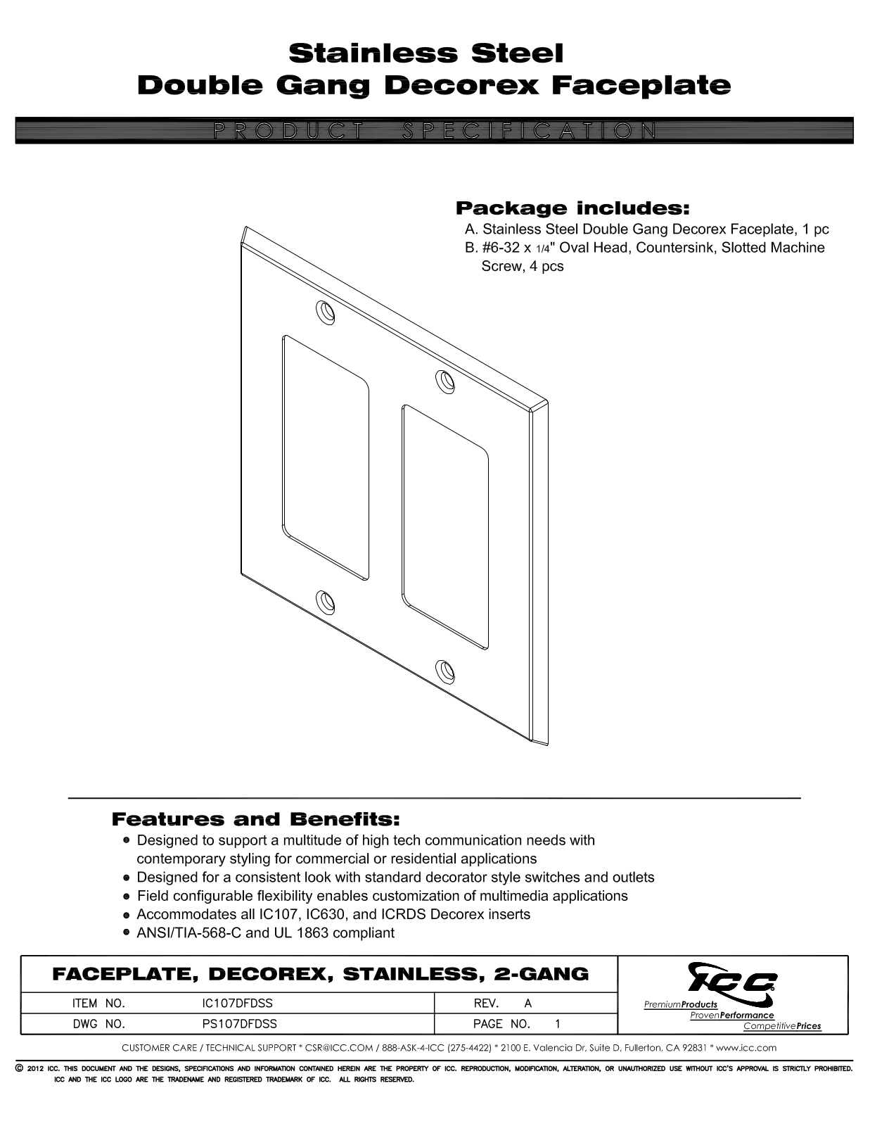 ICC IC107DFDSS Specsheet