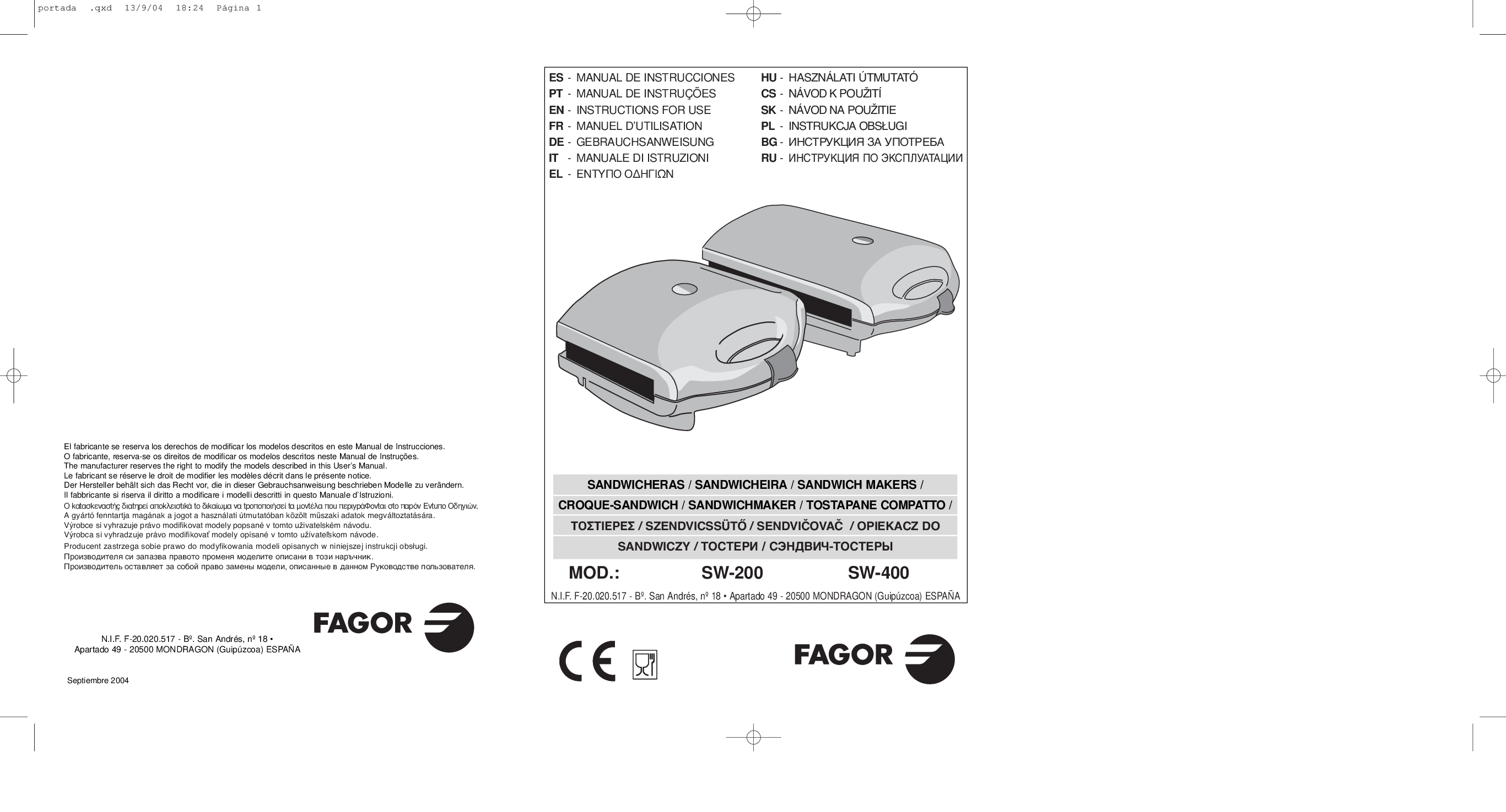 Fagor SW-200, SW-400 User Manual