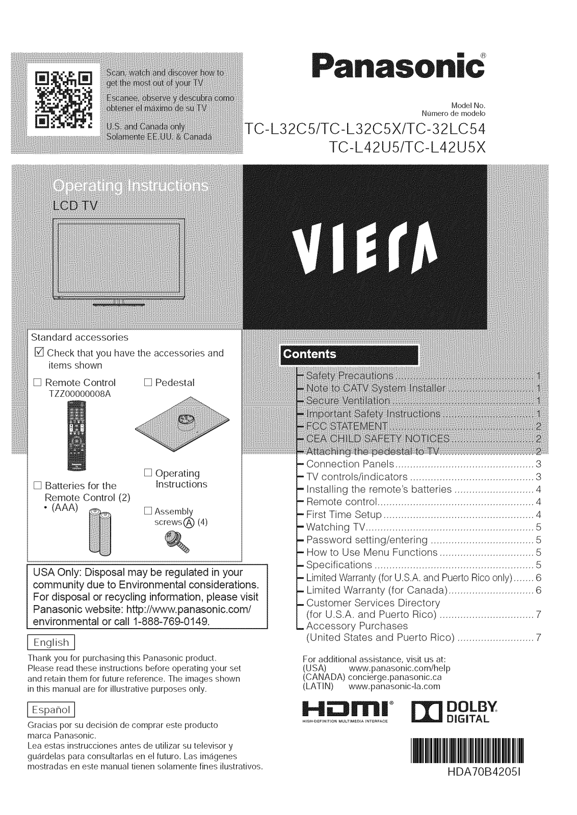 Panasonic TC-L42U5X, TC-L42U5, TC-L32C54, TC-L32C5 Owner’s Manual