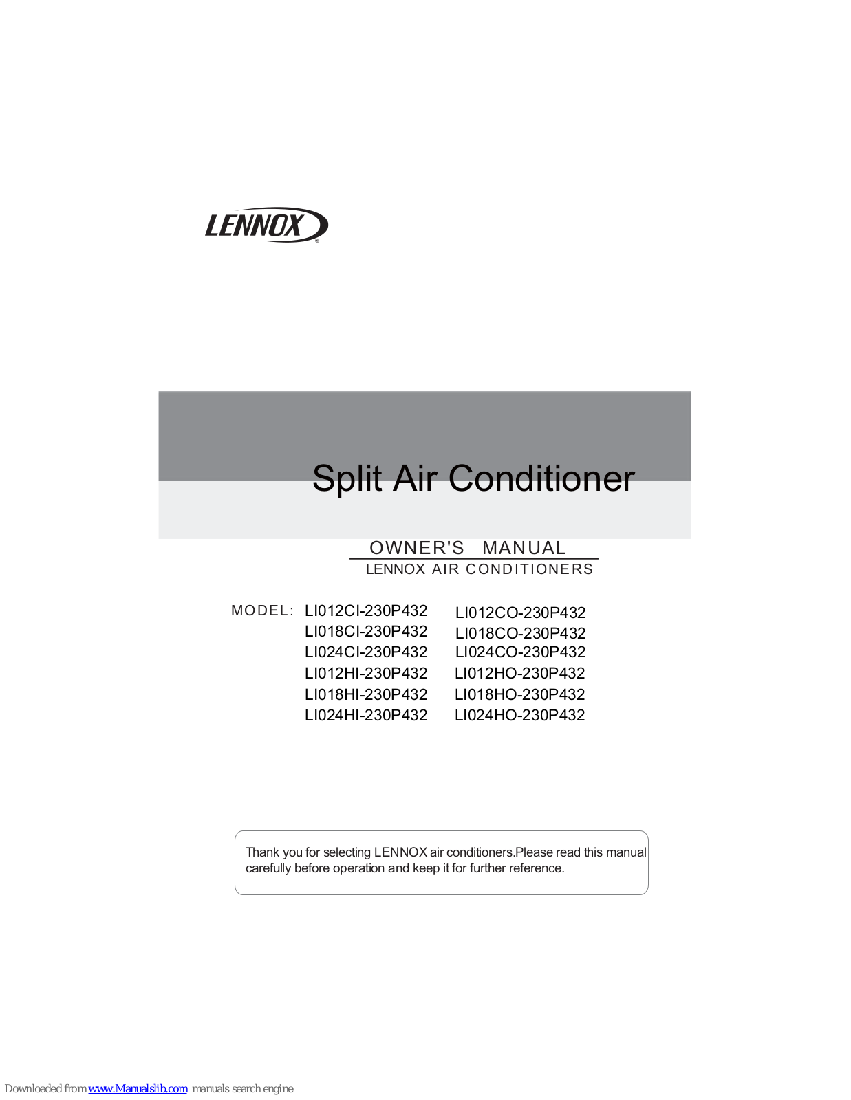 Lennox LI018CO-230P432, LI012HO-230P432, LI024CO-230P432, LI012HI-230P432, LI018CI-230P432 Owner's Manual