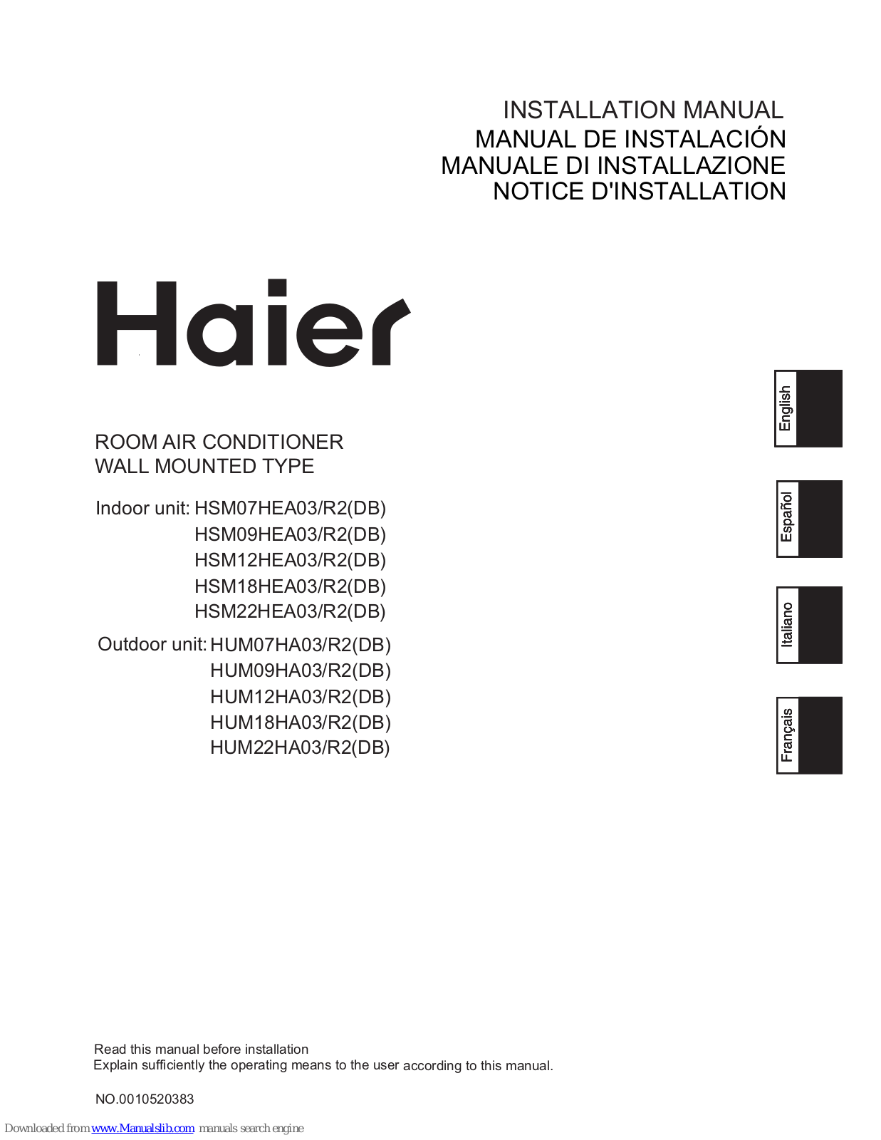 Haier HSM09HEA03, HSM12HEA03, HSM18HEA03/R2(DB), HSM22HEA03/R2(DB), HUM07HA03/R2(DB) Installation Manual