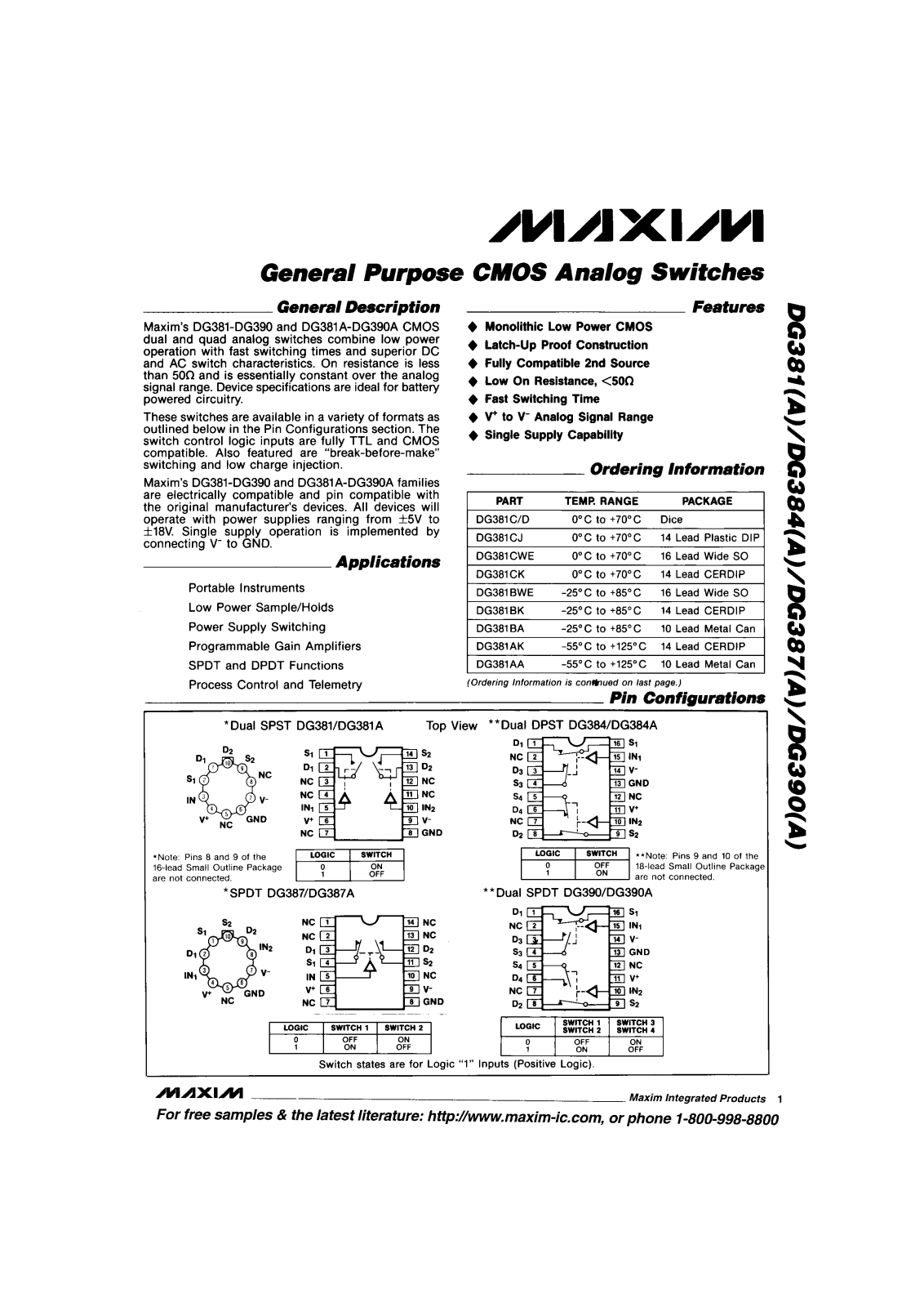 Maxim Integrated Producs DG387BK, DG387BA, DG387AK, DG387ACWE, DG387ACK Datasheet