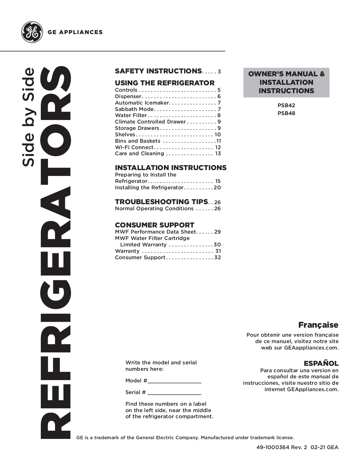 GE PSB42, PSB48 Owner’s Manual & Installation Instructions